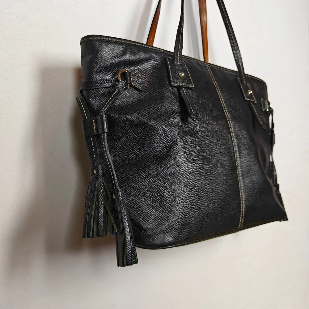 Dooney & Bourke Black Saffiano Leather Tote Bag Shoulder Purse Tassel Gold Tone